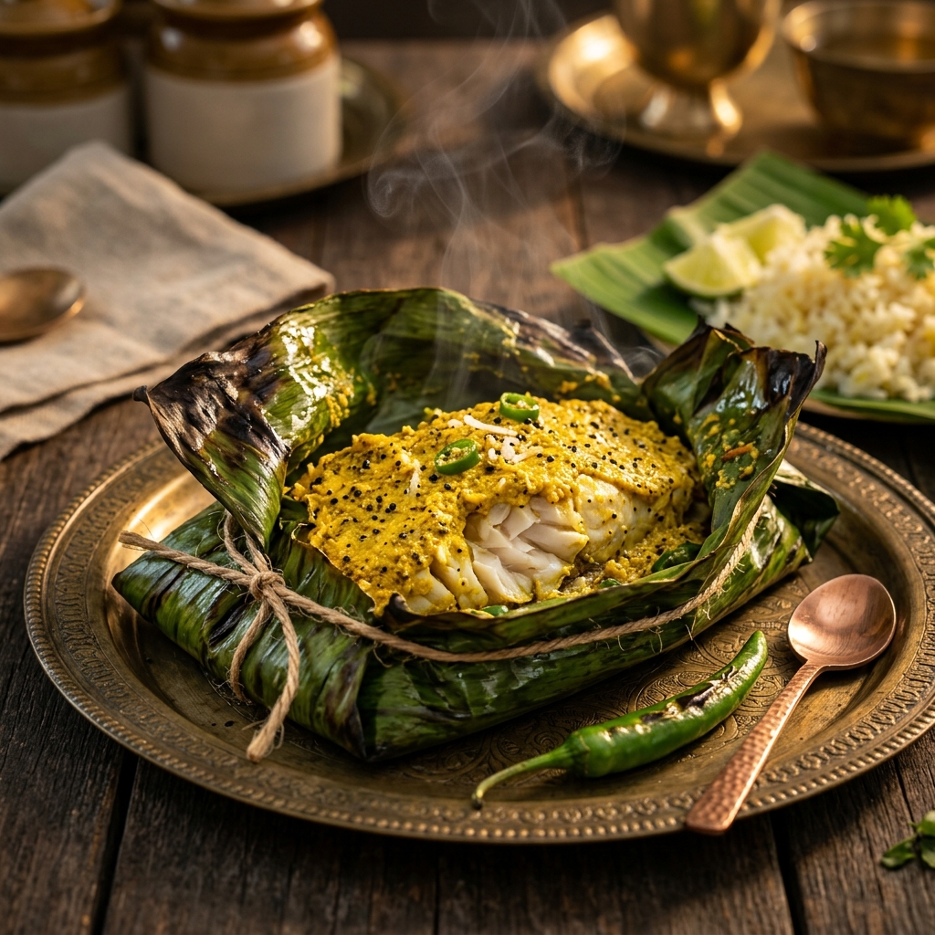 Bhetki Paturi fish dish wrapped in banana leaf