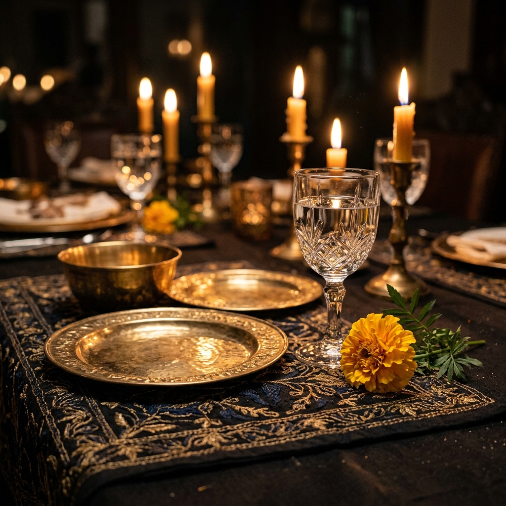Ornate dining table setup close up