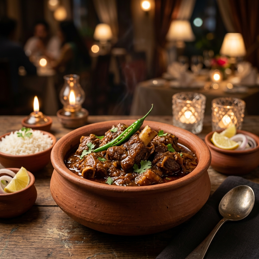 Bengali Kosha Mangsho mutton curry in terracotta pot