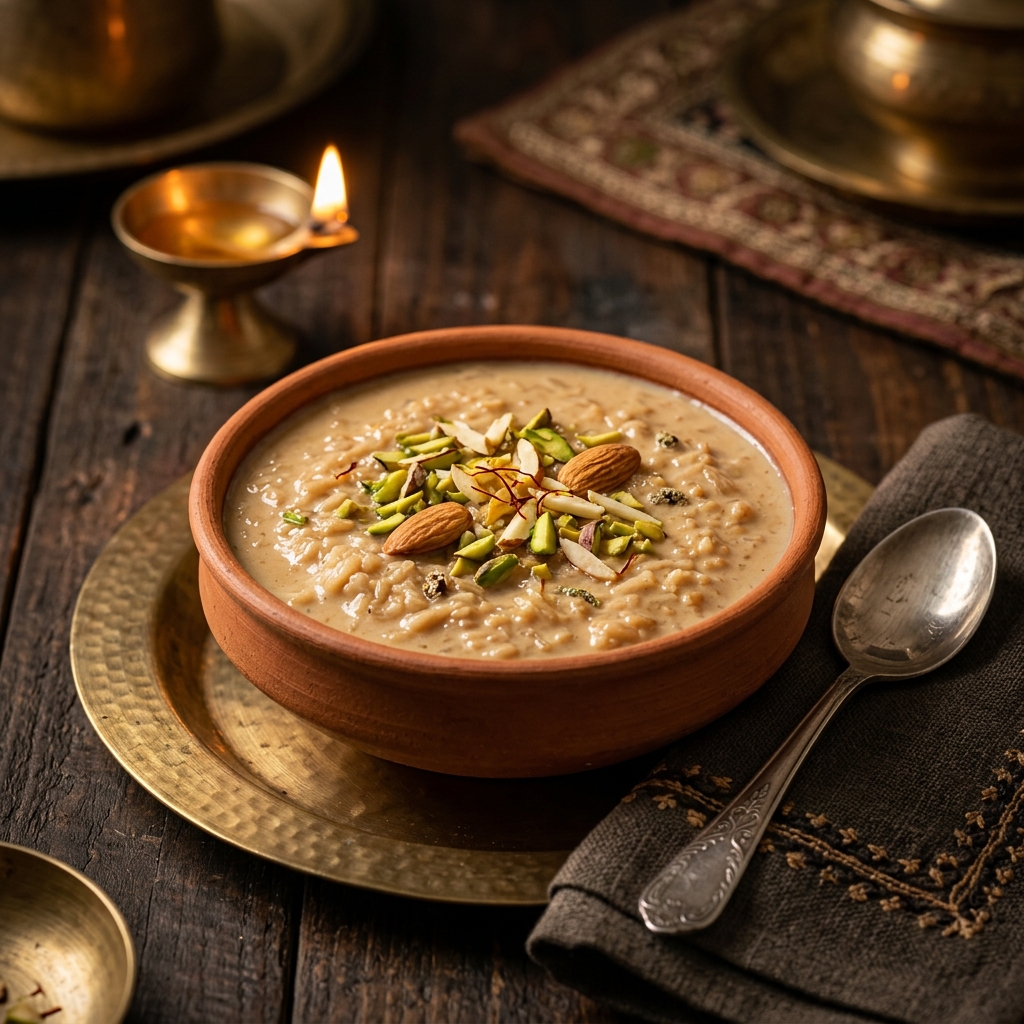 Nolen Gur Payesh rice pudding dessert in clay bowl