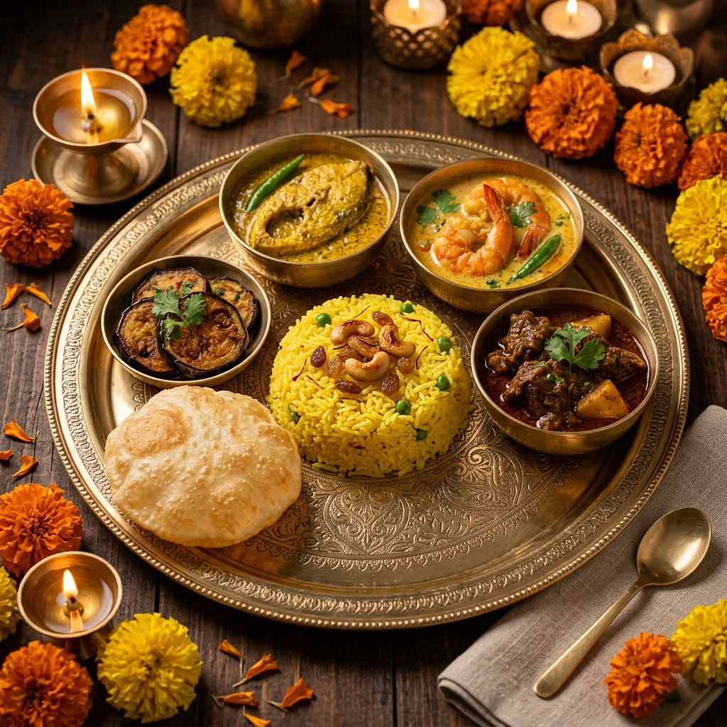 Thakurbarir Thali grand meal spread on brass plate